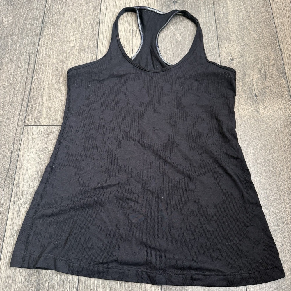 Lululemon Black Racerback Tank Top Floral‎ Mesh Stretch Running Active Women's 8 - Picture 3 of 9